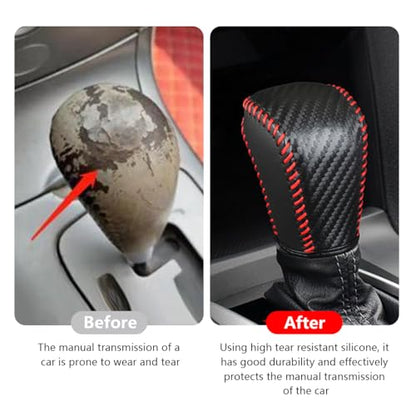 Bittwee Carbon Fiber Car Gear Shift Knob Cover, Leather Vehicle Stick Shifting Protector with Needle & Thread, Stylish Auto Shifter Knob Guard, Compatible with Inspire Crider Integra (Black/Red) - color: Black/Red