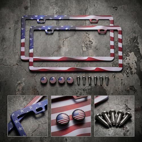 American Flag License Plate Frame - 2 Pack Stainless Steel License Plate Frames with Screw Caps (Classic) - style: Classic