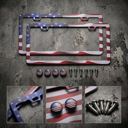 American Flag License Plate Frame - 2 Pack Stainless Steel License Plate Frames with Screw Caps (Classic) - style: Classic
