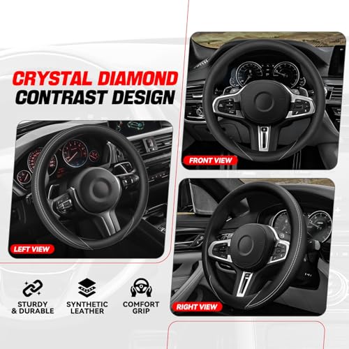 Auto Dynasty Steering Wheel Cover, Breathable Microfiber Leather Car Steering Wheel Protector with White Stitched, [14 1/2 to 15 Inches] Universal Fit Cars Trucks SUVs - color: Stitched White A