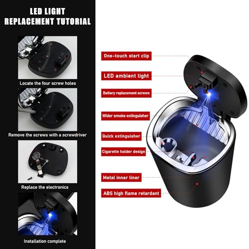 Ohleats Car Ashtray, Detachable Stainless Steel Smokeless Ash Tray with LED Blue Light, Auto Ashtray with Lid Smell Proof Weed for Most Vehicles, Universal Interior Car Accessories