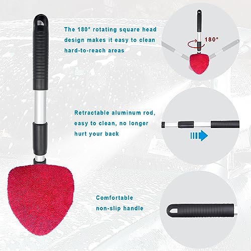 Ziciner Car Windshield Cleaner, Microfiber Auto Cleaning Wiper with Aluminum Extendable Handle and 2 Washable Reusable Cloth Pad Head, Universal Vehicle Interior Exterior Cleaner Kit (Red-Triangle) - size: Red-Triangle