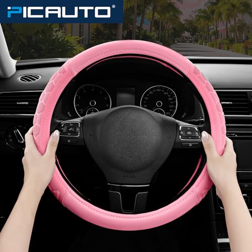 PIC AUTO Massage Steering Wheel Cover, Pink Football Pattern Material Spliced & Pink Leather Car Steering Wheel Cover, Car Steering Cover, Universal Fit 14.5"-15.5" for Cars, Trucks, Van, SUVs - color: Pink