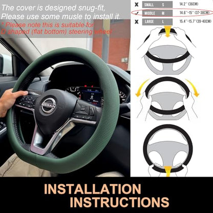 PINCTROT D Shaped Nappa Leather Steering Wheel Cover, Slim Fit No Bulk Design, One Piece Leather with Breathable Perforation, Fit Like Gloves, Flat Bottom 14.5-15 Inch(Nappa Green) - color: 11.Green, size: D Shaped/Flat Bottom[14 1/2''-15'']