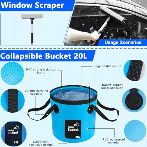 THINKWORK Car Wash Kit, Car Detailing Kit with Foam Gun, Car Wash Brush Mop and Large Folding Bucket Suitable for Car Cleaning, Blue Car Wash Set Gift for Men and Women - color: Blue(33PCS)