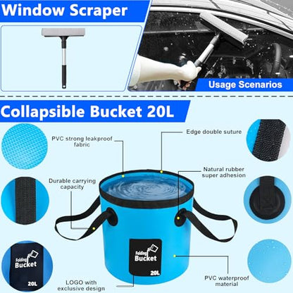 THINKWORK Car Wash Kit, Car Detailing Kit with Foam Gun, Car Wash Brush Mop and Large Folding Bucket Suitable for Car Cleaning, Blue Car Wash Set Gift for Men and Women - color: Blue(33PCS)