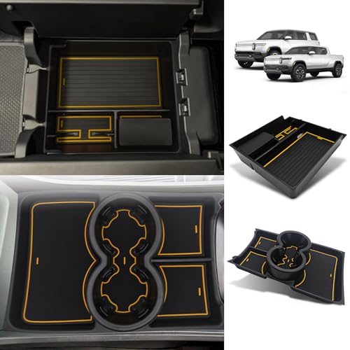 BestEvMod Upgraded V3 Armrest Storage Box and Cup Holder Lower Center Console Organizer Tray with PVC Trim Removable Coin Holder Compatible with Rivian R1T/R1S 2022-2024 (V3 Console+Lower Tray Yellow) - color: Yellow, size: V3 Console+Lower Tray