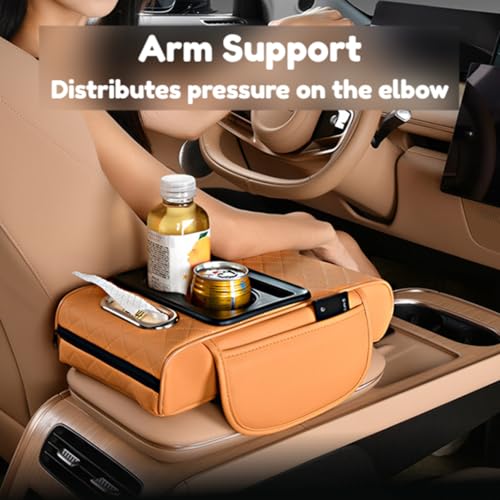 Car Center Console Pad Leather Armrest Pad w/Cup Holder, Tissue Box Slot, Side Bag, Phone Slot for Car Sedans (Embossed, Coffee) - color: Coffee, style: Embossed