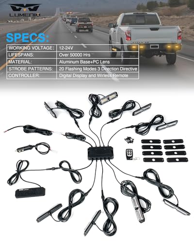 LUMENIX Grille Strobe Lights Kits for Trucks w/Controller, 8PCs High-Intensity LED Deck | Surface Mount Emergency Construction Vehicles Snowplow Side Marker Flashing Warning Light Assemblies - Amber - color: Amber