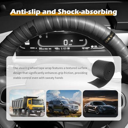 2PCS 3.4Ft Leather Steering Wheel Wrap Tape,Breathable Car Steering Wheel Tape Provides Comfort & Non-Slip Grip,Sweat-Absorbent Cars Steerings Wheels Cover Tapes Car Accessories