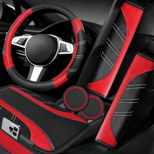 NBTEPEM 6 Pcs Red Car Accessories Set, Sport Leather Steering Wheel Cover 14.5-15inch Universal, Microfiber Leather Car Center Console Cover, Seat Belt Cushion, Cup Holder Coaster (Black-Red) - color: Red, size: Steering Wheel Cover Set