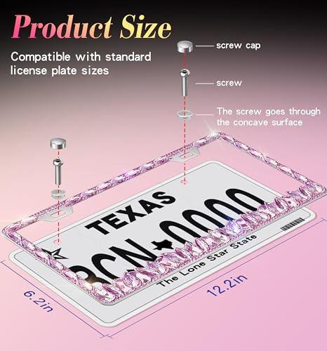 Bling License Plate Frame 1 Pack Rhinestone Bedazzled License Plate Over | Holder Sparkly Diamond Glitter Stainless Steel Frame（CPJ-03-Pink 1 Pack） - color: CPJ-03-Pink 1 pack