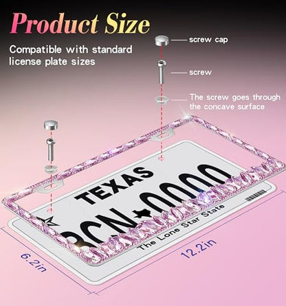 Bling License Plate Frame 2 Pack Rhinestone Bedazzled License Plate Over | Holder Sparkly Diamond Stainless Steel Frame（CPJ-03-Pink 2） - color: CPJ-03-Pink 2