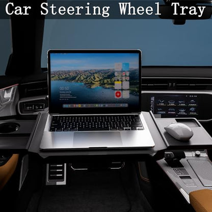 HZGAMER 2 in 1 Large Car Steering Wheel Tray/Back Seat Headrest Table with Phone Holder for Eating Food Drink and Writing Work, Car Steering Wheel Desk Laptop Mount - Gifts for Truck Drivers