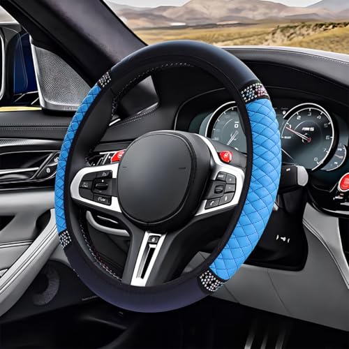 ZIMISI Bling Soft Leather Steering Wheel Cover, 15" Anti-Slip Sparkly Crystal Auto Elastic Steering Wheel Protector for Women Girl, Colorful Diamond Car Interior Accessory for Most Cars (Blue) - color: Blue