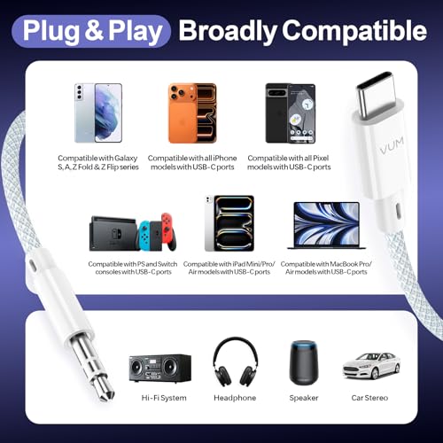 VUM Aux to USB C Audio Cable, 32-bit/384kHz Hi-Fi Stereo, 99.99% Purity Silver-Plated Oxygen-Free Copper USB-C Male to 3.5mm Male Hi-Res Auxiliary Cord for Car, Headphones, and Speakers (4ft)