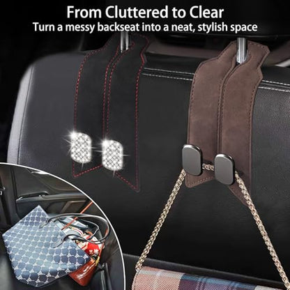 2Pcs Car Headrest Hooks with Premium Leather, Upgraded Double Metal Hooks with Anti-Drop Design, Universal Back Seat Hanger for Bags, Coats, Purses and Groceries (Classic Brown) - color: Classic Brown 2Pcs