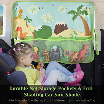 DIZA100 Car Window Shade for Baby, 2 Pack Car Sun Shades with Storage Pockets Car Window Curtain 7 Suction Cups Dinosaurs Pattern for Sun/Heat/UV Rays Protection - color: Green-2pcs