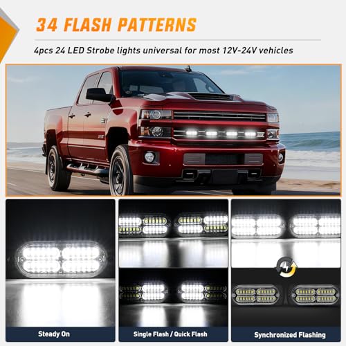 Nilight 4PCS 24LED Emergency Strobe lights 12V 24V White Surface Mount Grille Hazard Safety Warning Light Sync Feature Side Flashing Marker Flash for Car Truck Campers - color: White