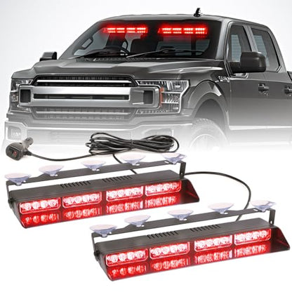 2 in 1 LED Emergency Dash Strobe Light Bar Front/Rear Windshield Safety Flashing Warning Hazard Interior Lights for Police Firefighter Construction Vehicles Trucks (2x14 inch, Red/Red) - color: #08 Red/Red