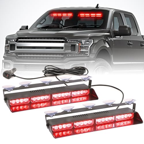 2 in 1 LED Emergency Dash Strobe Light Bar Front/Rear Windshield Safety Flashing Warning Hazard Interior Lights for Police Firefighter Construction Vehicles Trucks (2x14 inch, Red/Red) - color: #08 Red/Red