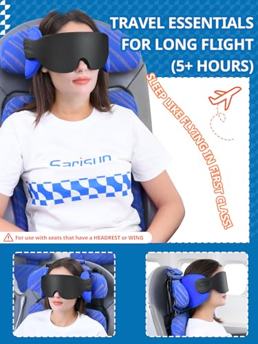 SARISUN Travel Pillows for Airplanes, Airplane Pillow for Long Flight Car Road Trip, Airplane Head Strap with Sleep Eye Mask, 360° Support Headrest, Stop Bobblehead Travel Neck Pillow, Stripe Black - color: Stripe Black