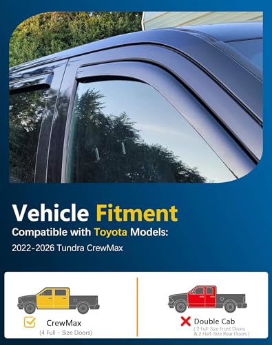 Shatterproof in-Channel Rain Guards for Toyota Tundra CrewMax 2022-2026, Clip-on Window Deflectors Vent Window Visors Rain Sun Wind Guards Shade Deflectors - size: For 2022-2026 Tundra CrewMax