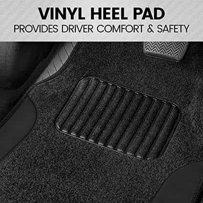 BDK Floor Mats for Cars, Two-Tone Carpet with Faux Leather Accents, Automotive Floor Mat Set with Built-In Heel Pad, Stylish Interior Car Accessories (Black)