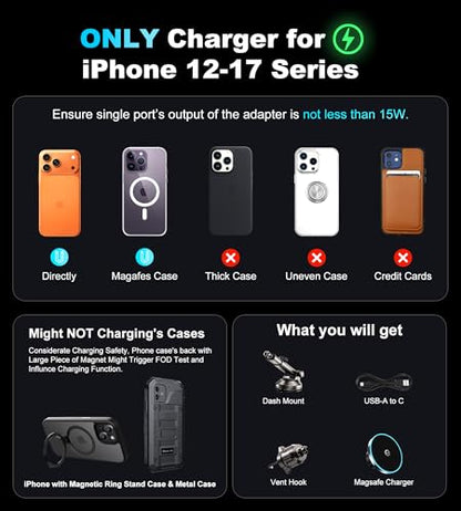 for Mag-Safe Car Mount Charger Dash Vent Windshield Wireless Car Charger with LED Light, Strong Magnetic Phone Holder for Car for iPhone 17 16 15 14 13 12 Series(Cyan) - color: Cyan