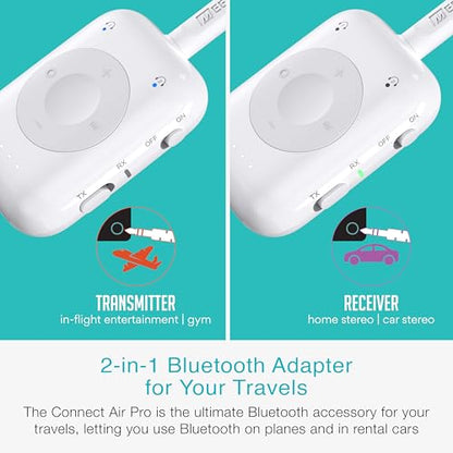 MEE audio Connect Air Pro Bluetooth Wireless Audio Transmitter & Receiver for AirPods or Bluetooth Headphones, 2-in-1 Adapter with Detachable Cable 3.5mm Aux Audio Jack for Airplanes, Auto, Gym, White - color: White, style: Connect Air Pro