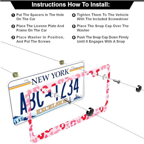 Leopard Print License Plate Frames Pink, 2 Pack Leopard Car Plate Frame, Stainless Steel License Plate Holders Covers with Free Screws Fasteners Caps (Pink Leopard Print) - color: Pink leopard print