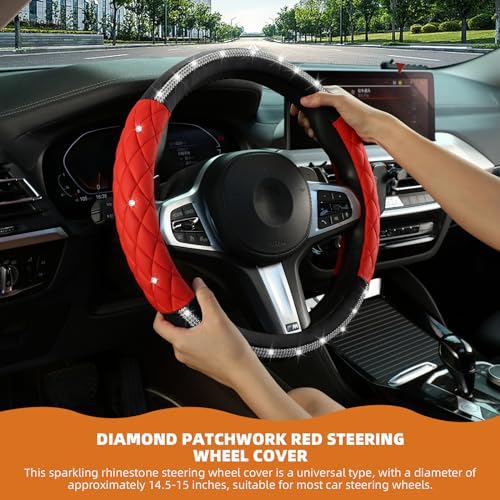 Diamond Steering Wheel Cover ，with Bling Crystal Rhinestone,Delicate and Anti-Slip Sparkly Sedan Steering Wheel Cover ，Adaptable to 14.5-15 inches Car Wheel Protector for Women Girl ，Black & Red - color: Black+Red