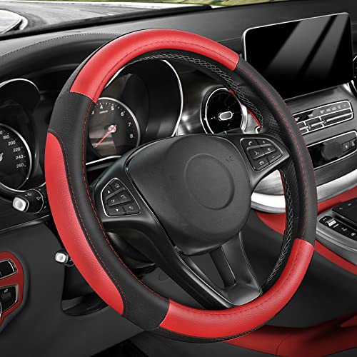 SEG Direct Car Steering Wheel Cover for Prius Civic Model 3 Model Y Camaro, Small Size 14-14.25 inch, Black and Red Microfiber Leather - color: Black and Red, size: Small size[14''-14 1/4'']