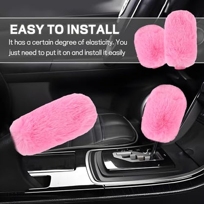Hovom 2PCS Fluffy Car Gear Shift Knob Cover & Handbrake Cover, Soft Plush Hand Brake Handle & Gear Shift Cover for Women Girls, Universal Comfortable Warm Furry Car Accessories (Pink) - color: Pink