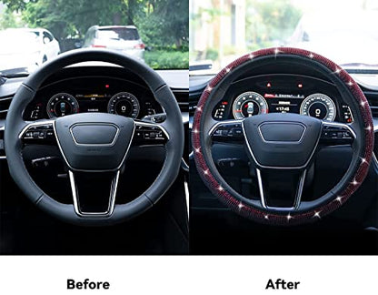 Bling Steering Wheel Cover, Rhinestone Steering Wheel Cover with Crystal Diamond for Women, Sparkling Car Wheel Protector Universal Fit 14-15 inches - Red - color: red