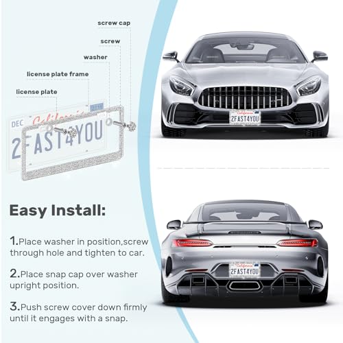 QUANQIUFEI 2 Pack Bling License Plate Frames, Sparkly Rhinestone Diamond Car License Plate Cover for Women, Stainless Steel Car Accessories with Glitter Crystal Caps (Silver) - color: Silver