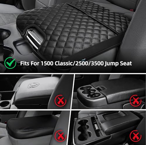 Center Console Cover Compatible with 2013-2018 Dodge Ram 1500 & 2013-2024 Ram 2500/3500/1500 Classic Model for Jump Seat Console, Comfortable Leather Middle Console Cover Lid with Pocket - style: A: Jump Seat Console 2013-2018 Ram Black Leather（with 2 Fro