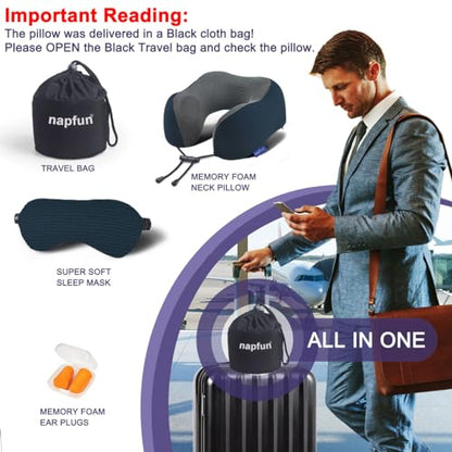 napfun Neck Pillow for Travel with Travel Pouch, Sleep Mask & Earplugs, Memory Foam Airplane Pillow for Headrest Sleep with Eyeshades, Plane Essentials with Eye Blindfold, Deep Blue Striped Kit - color: Deep Blue Striped Kit