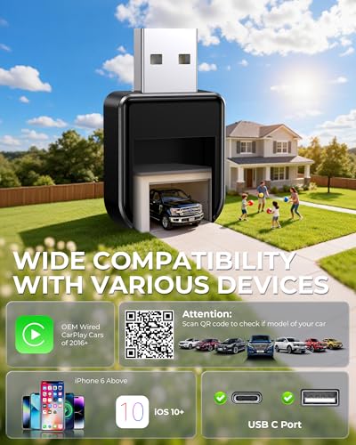 Wireless Carplay Adapter for iPhone Latest Upgrade, Tiny Bluetooth Dongle Convert Wired to Wireless for Apple Car Play Plug & Play, Zero-Lag Auto-Connect GPS Works With 2016+ Car(Matte Black) - color: Matte Black