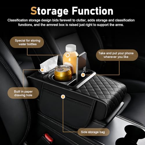 WZP Car Center Console Armrest Pillow, Memory Foam Leather Armrest Cover with Cup Holder Phone Holder Storage Pocket Tissue Holder, Universal Height Enhancement Car Armrest Cushion (Black) - color: Black