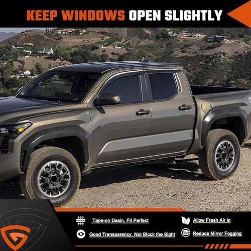 Rain Guards Compatible with Toyota Tacoma 2024-2026, Tape-on Durable Side Windows Wind Deflectors, out Channel 2024 2025 2026 Tacoma Rain Guard Black 4 PCS - size: 2024-2025 Toyota Tacoma (Tape-On)