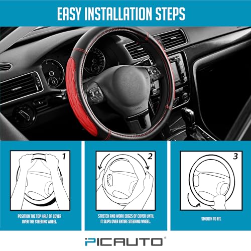 PIC AUTO Steering Wheel Cover, Red Thick Rhombic Foam and Premium Leather, Universal 14.5-15.5 Inch Breathable Anti-Slip Steering Wheels Accessories for Men & Women - color: Red