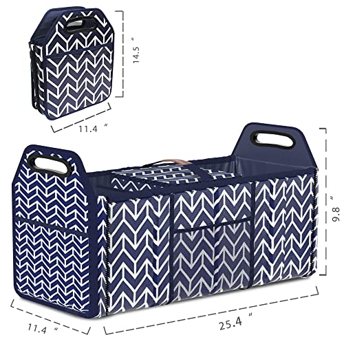 Orionstar Trunk Organizer, Foldable Car Storage Bag Portable Insulation Cooler Bag Collapsible Vehicle Organizer Divider Storage Totes with 3 Compartment Cargo Tote for Groceries Caddy SUV, Navy Blue