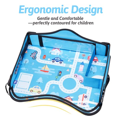 OUOZZZ Kids Travel Tray for Car - Boy's Safety Seat Table, Toddler Road Trip Essentials - Carseat/Airplane Lap Desk with Weight-Relief Strap, Non-Skid Silicone Base, Waterproof Dining/Craft Mat - color: Car