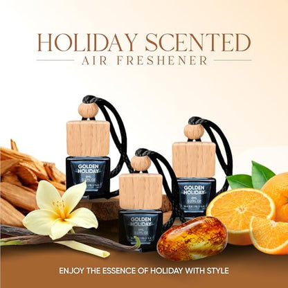 Air Jungles Hanging Car Air Freshener Diffuser 3 Ct, Golden Holiday Scent of Citrus Amber Vanilla, Long Lasting Car Fragrance Odor Eliminator - Premium Essential Oil, Made in USA