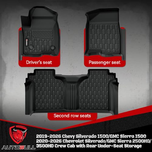 Floor Mats Fit for 2019-2026 Chevy Silverado 1500/GMC Sierra 1500, 2020-2026 Chevrolet Silverado/GMC Sierra 2500HD/3500HD Crew Cab with Rear Under-Seat Storage, TPE All Weather Floor Liner Car Mats - style: Chevrolet Silverado 2019-2025 Crew Cab