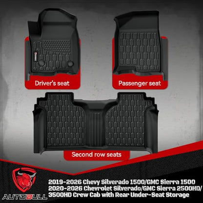 Floor Mats Fit for 2019-2026 Chevy Silverado 1500/GMC Sierra 1500, 2020-2026 Chevrolet Silverado/GMC Sierra 2500HD/3500HD Crew Cab with Rear Under-Seat Storage, TPE All Weather Floor Liner Car Mats - style: Chevrolet Silverado 2019-2025 Crew Cab