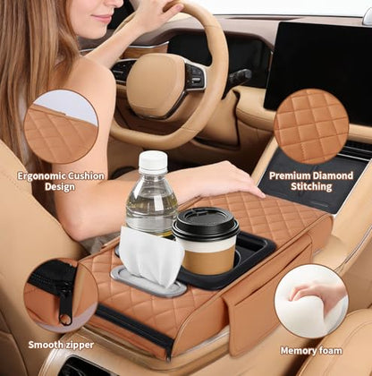 5-in-1 Car Armrest Cushion, Multifunctional PVC Leather Center Console Armrest Pillow Elbow, Universal Arm Box Pad Cover with Cup Holder, Phone Slot, Tissue Box Slot & 2 Storage Bags, Orange - color: Orange