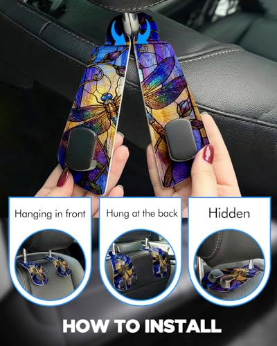 WOCOCN 2 Pack Car Purse Hook for Car Seat Headrest, Double-Sided PrintingPU Leather Purse Holder with Metal Hook, Cute Car Accessories for Women, Men (Car hook - Dragonfly A) - color: Car hook - Dragonfly A