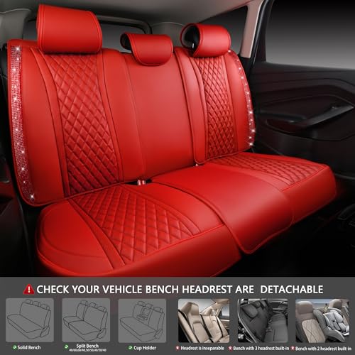 CAR PASS Nappa Leather Bling Diamond Car Seat Covers Full Set Universal Cushioned, Waterproof Heavy-Duty Anti-Slip Luxury Leather, Fit for SUV Sedan, Sparkly Glitter Shining Crystal Red Rhinestones - color: Red Diamond, size: Full Set